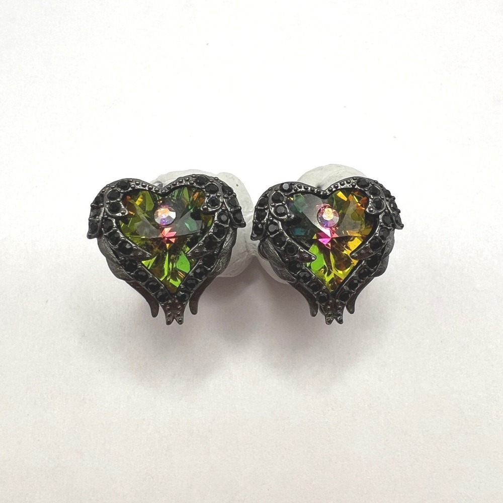 Winged Heart Earrings Studs Goth Marcasite Iridescent Witchy Whimsigoth